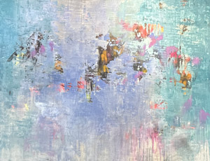 Artwork by Ed Nash. This painting features blues and aquas with splashes of pink and is called "Phantom"