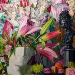A painting by Denise Stewart-Sanabria of a vase holding flowers against a bright wallpaper.