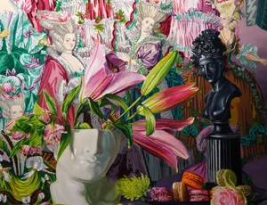 A painting by Denise Stewart-Sanabria of a vase holding flowers against a bright wallpaper.