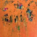 A detail of a new painting by Ed Nash, with bright orange as the main color and accents of black, pink, green, and blue