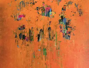 A detail of a new painting by Ed Nash, with bright orange as the main color and accents of black, pink, green, and blue