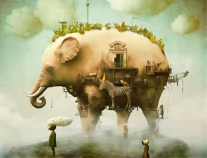 A Maggie Taylor painting of an elephant with Zebra against a light blue sky with clouds.