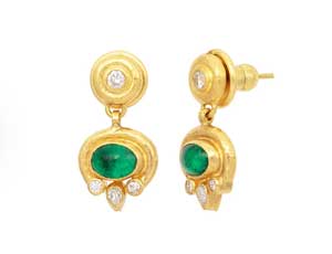 GURHAN Muse Gold Single Drop Earrings, 8x6mm Oval set in Wide Frame, with Emerald and Diamond
