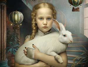 A work by Maggie Taylor featuring a girl holding a white rabbit.